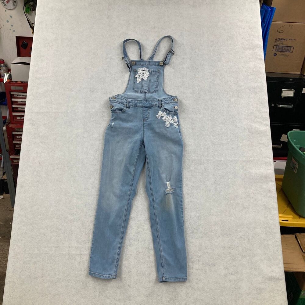Justice Girls Size 16 Light Wash Distressed Denim Overalls Jumpsuit Floral Lace